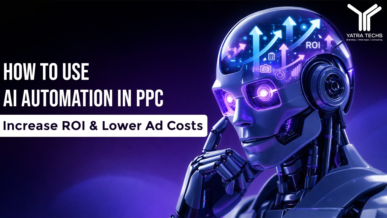 AI automation in PPC banner with futuristic robot and ROI growth arrows by YATRA TECHS