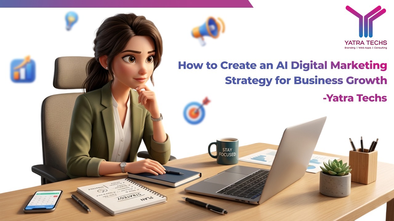 Woman planning AI digital marketing strategy on laptop with notebook, analytics icons, and business growth concept