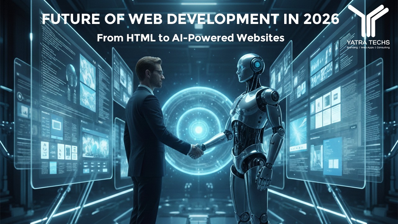 Business professional shaking hands with AI robot in futuristic digital interface, representing the future of web development in 2026.