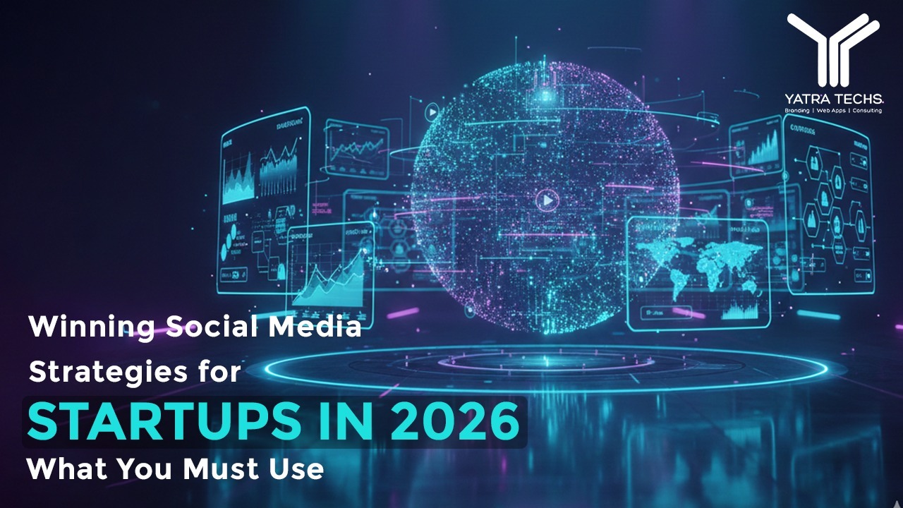 Digital globe with analytics dashboards showing winning social media strategies for startups in 2026